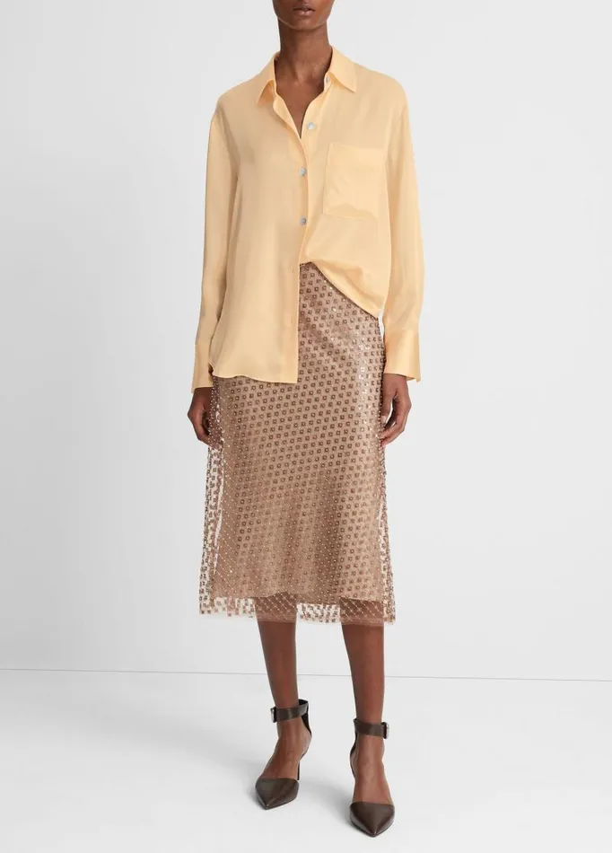 Women Shirts and Tops Vince Silk Relaxed ChestPocket Blouse Pale Ochre