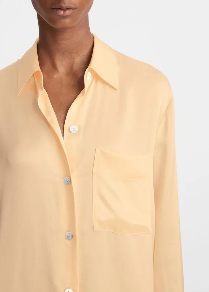 Women Shirts and Tops Vince Silk Relaxed ChestPocket Blouse Pale Ochre