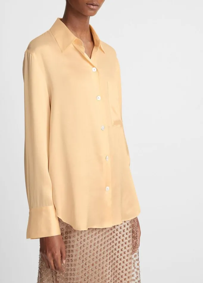 Women Shirts and Tops Vince Silk Relaxed ChestPocket Blouse Pale Ochre