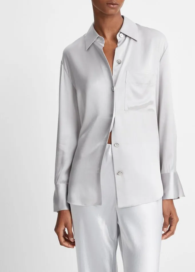 Women Shirts and Tops Vince Silk Relaxed ChestPocket Blouse Silverstone