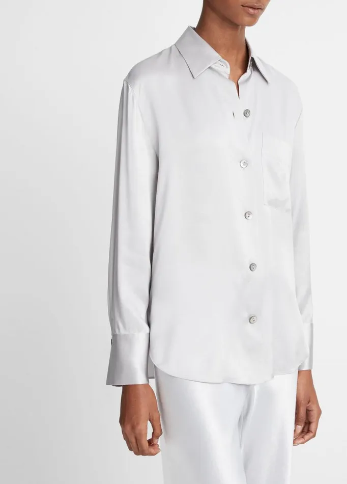 Women Shirts and Tops Vince Silk Relaxed ChestPocket Blouse Silverstone