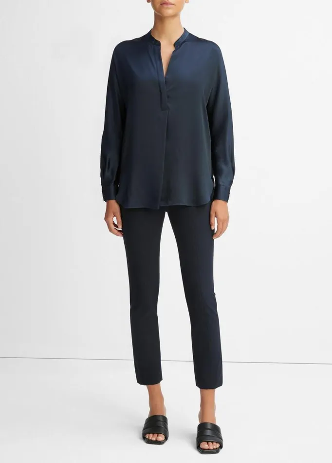 Women Shirts and Tops Vince Silk Satin BandCollar Blouse Coastal Blue