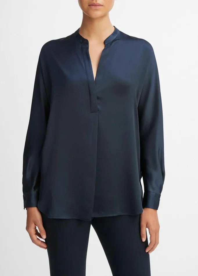 Women Shirts and Tops Vince Silk Satin BandCollar Blouse Coastal Blue