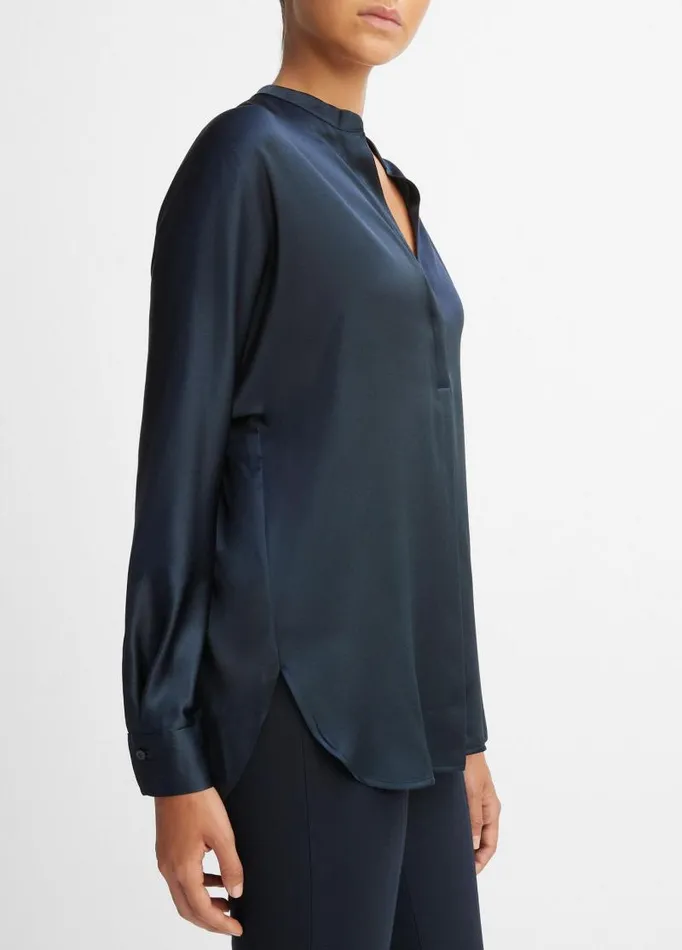 Women Shirts and Tops Vince Silk Satin BandCollar Blouse Coastal Blue