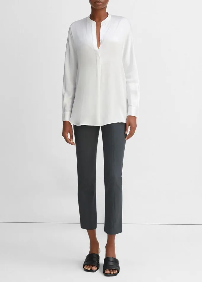 Women Shirts and Tops Vince Silk Satin BandCollar Blouse Optic White