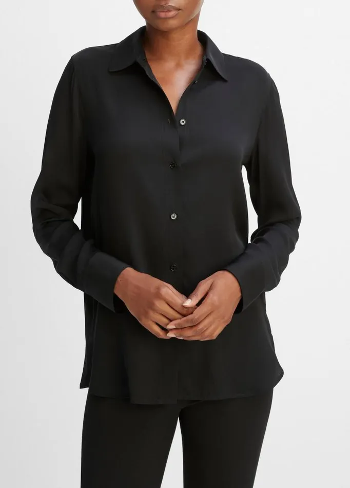 Women Shirts and Tops Vince Slim Fitted StretchSilk Blouse Black