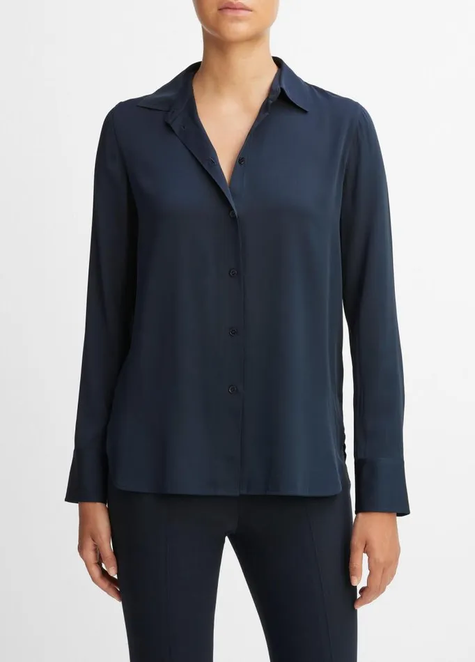 Women Shirts and Tops Vince Slim Fitted StretchSilk Blouse Coastal Blue