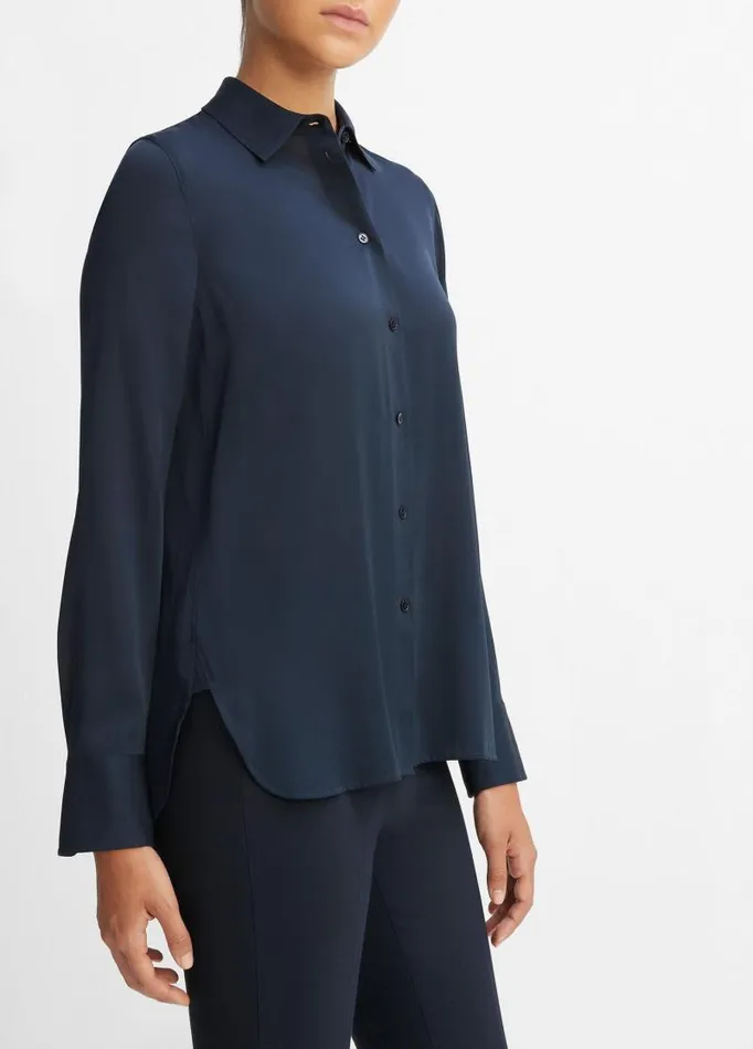 Women Shirts and Tops Vince Slim Fitted StretchSilk Blouse Coastal Blue