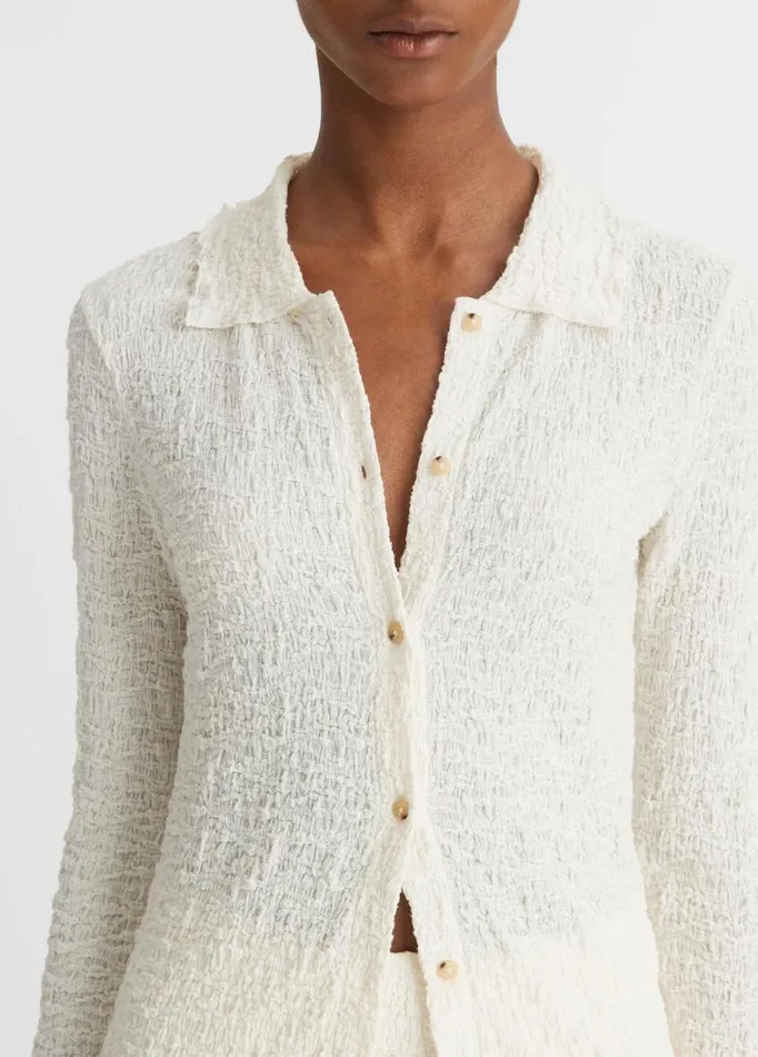 Women Shirts and Tops Vince Smocked LongSleeve ButtonFront Shirt Gesso