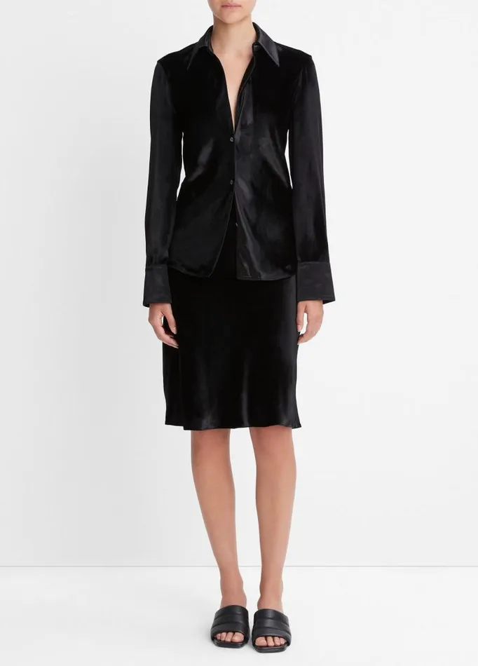Women Shirts and Tops Vince Velvet Bias LongSleeve Shirt Black