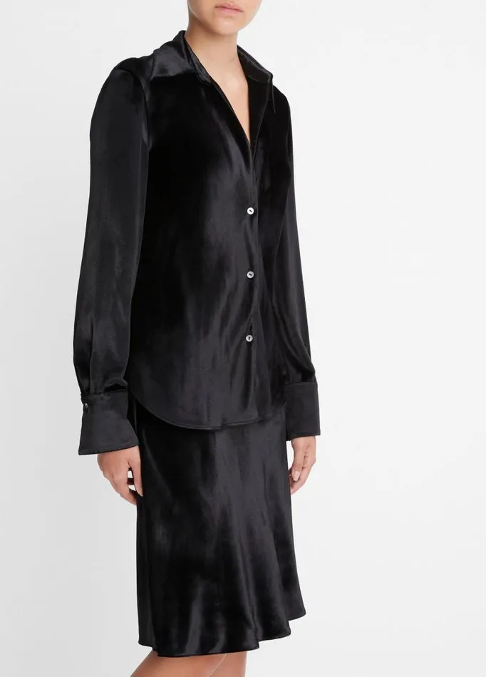 Women Shirts and Tops Vince Velvet Bias LongSleeve Shirt Black