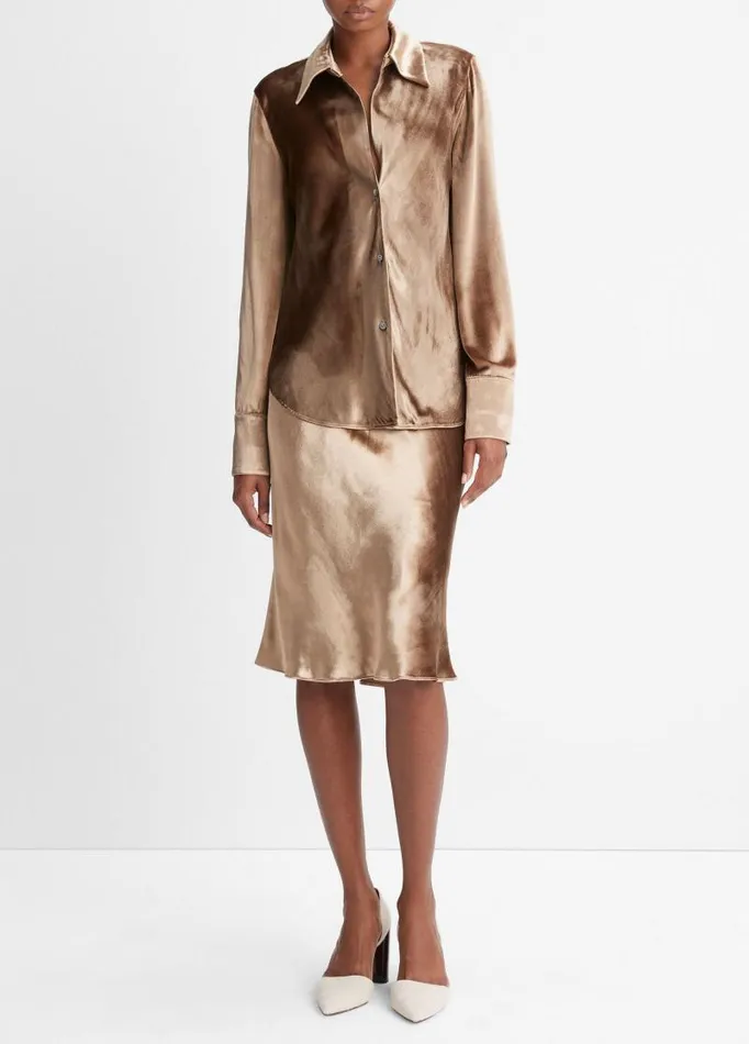 Women Shirts and Tops Vince Velvet Bias LongSleeve Shirt Gold Shadow