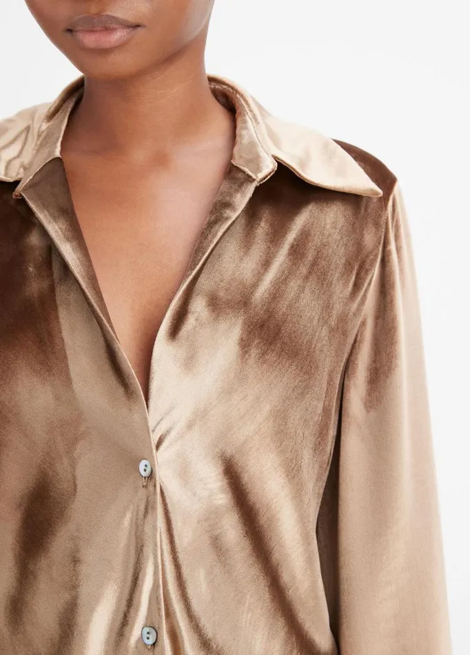 Women Shirts and Tops Vince Velvet Bias LongSleeve Shirt Gold Shadow
