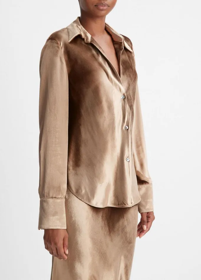 Women Shirts and Tops Vince Velvet Bias LongSleeve Shirt Gold Shadow