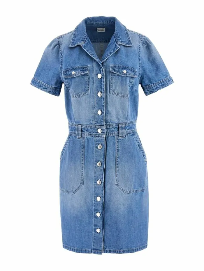 Women Short Sleeves Denim Dress Blue Guess Dresses And Jumpsuits