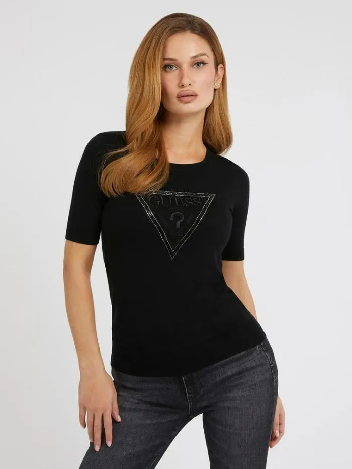 Women Short Sleeves Sweater Black Guess Knitwear And Sweatshirts