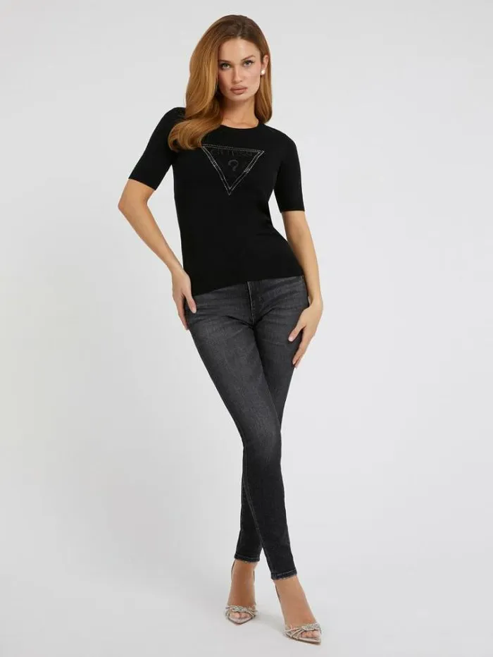 Women Short Sleeves Sweater Black Guess Knitwear And Sweatshirts
