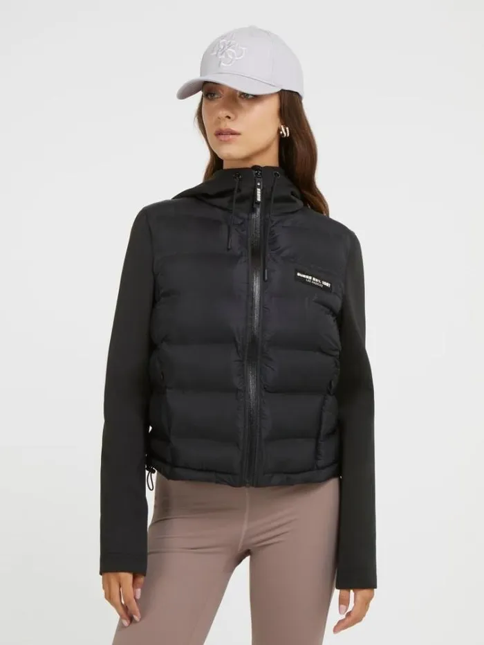 Women Side Logo Patch Puffer Black Guess Coats And Jackets