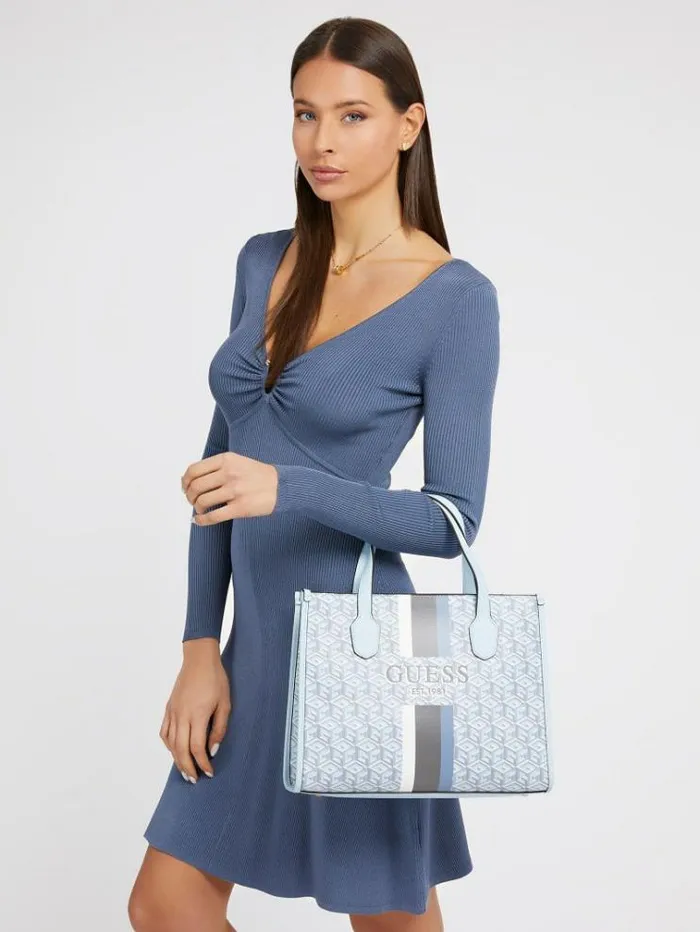 Women Silvana G Cube Logo Handbag Blue Multi Guess Handbags