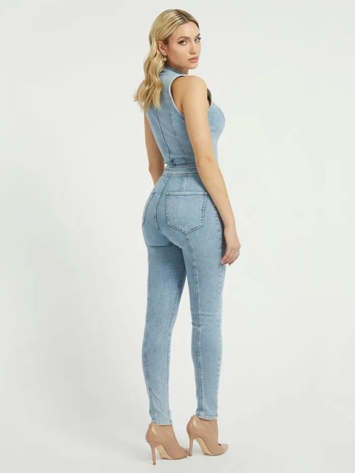 Women Skinny Fit Denim Jumpsuit Light Blue Guess Dresses And Jumpsuits