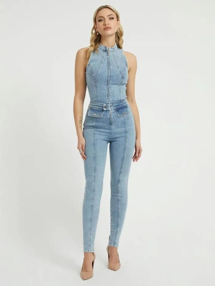 Women Skinny Fit Denim Jumpsuit Light Blue Guess Dresses And Jumpsuits