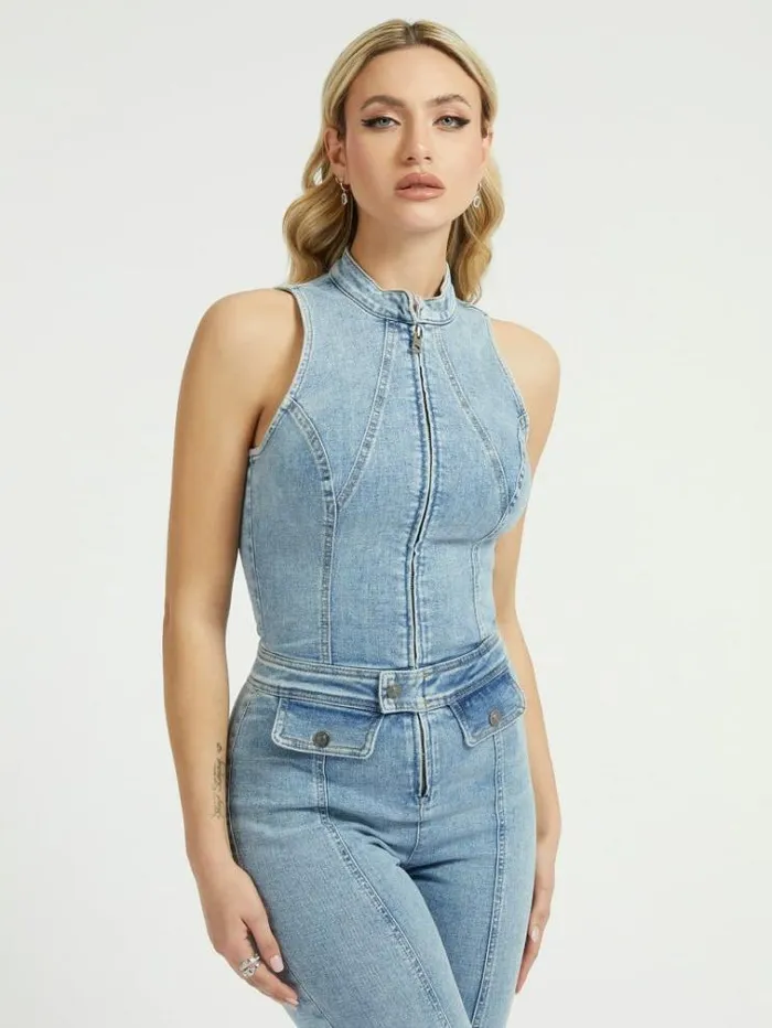 Women Skinny Fit Denim Jumpsuit Light Blue Guess Dresses And Jumpsuits