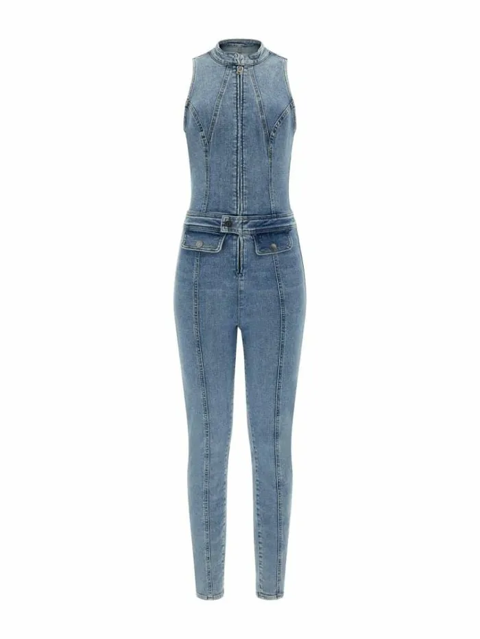 Women Skinny Fit Denim Jumpsuit Light Blue Guess Dresses And Jumpsuits