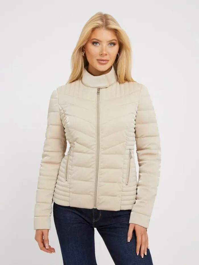 Women Slim Fit Coated Puffer Cream Guess Coats And Jackets