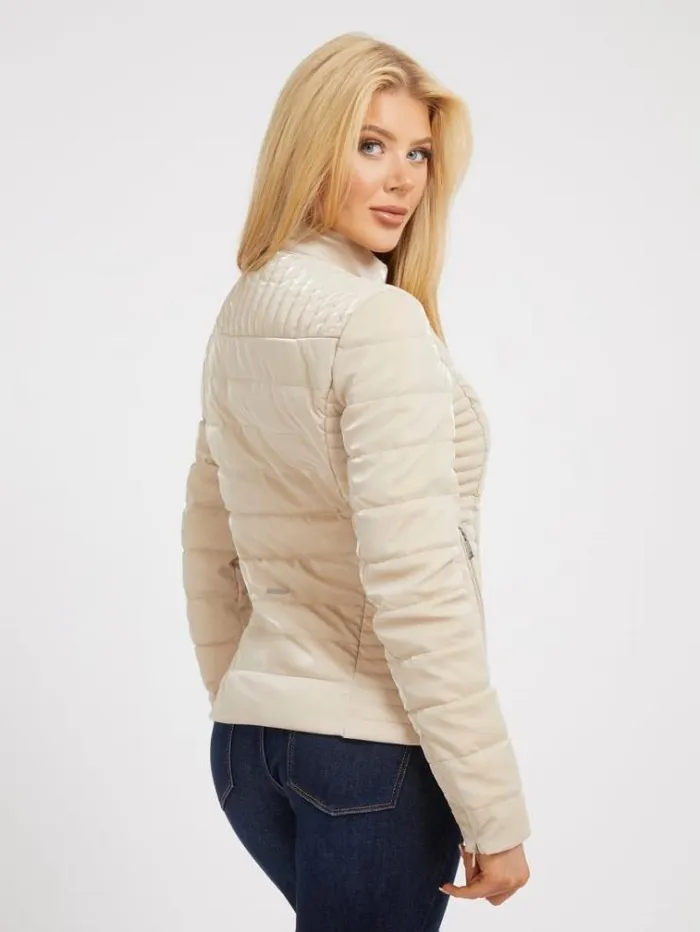 Women Slim Fit Coated Puffer Cream Guess Coats And Jackets