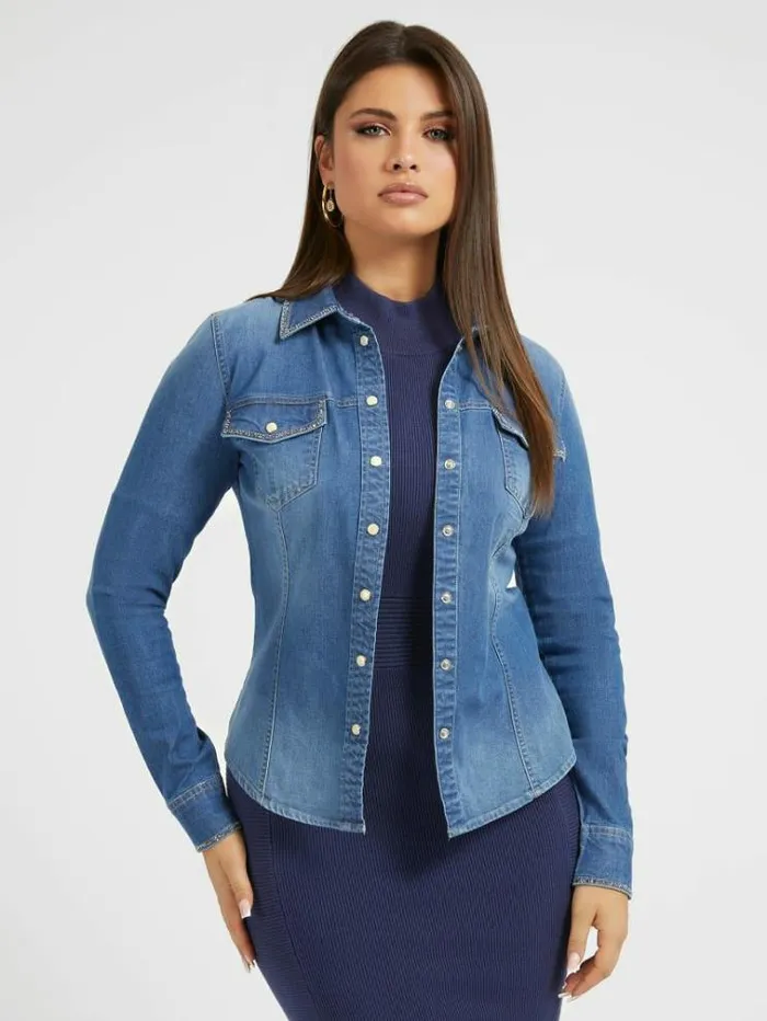Women Slim Fit Denim Shirt Light Blue Guess Tops And Shirts