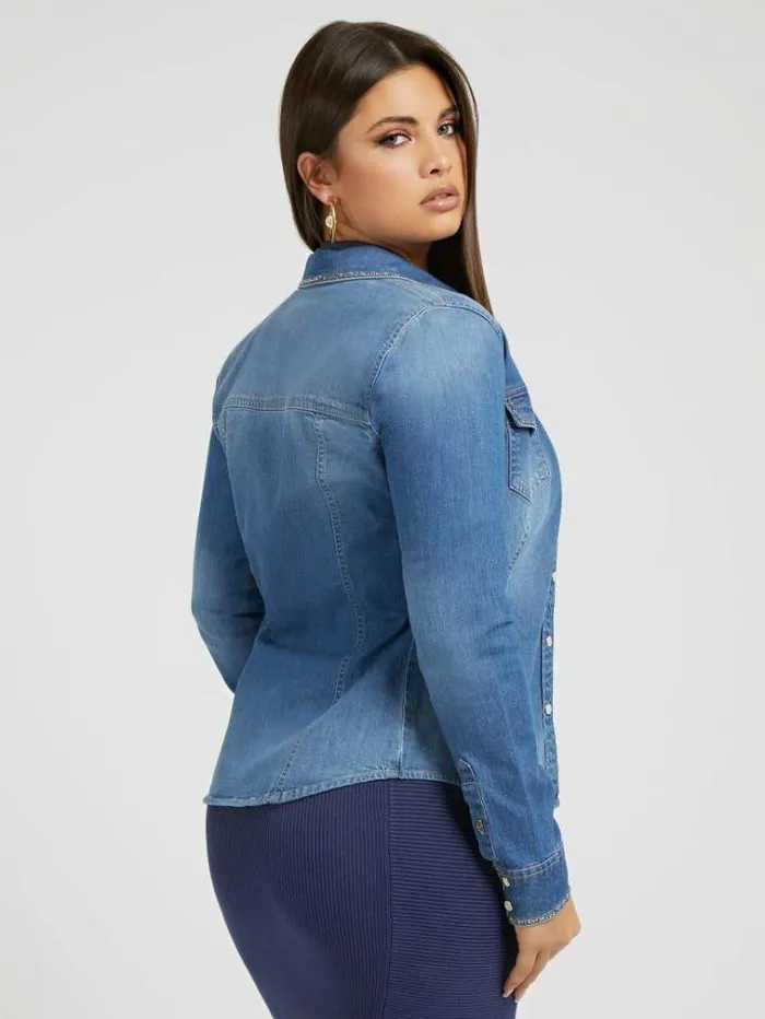 Women Slim Fit Denim Shirt Light Blue Guess Tops And Shirts