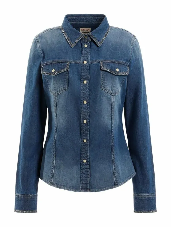Women Slim Fit Denim Shirt Light Blue Guess Tops And Shirts