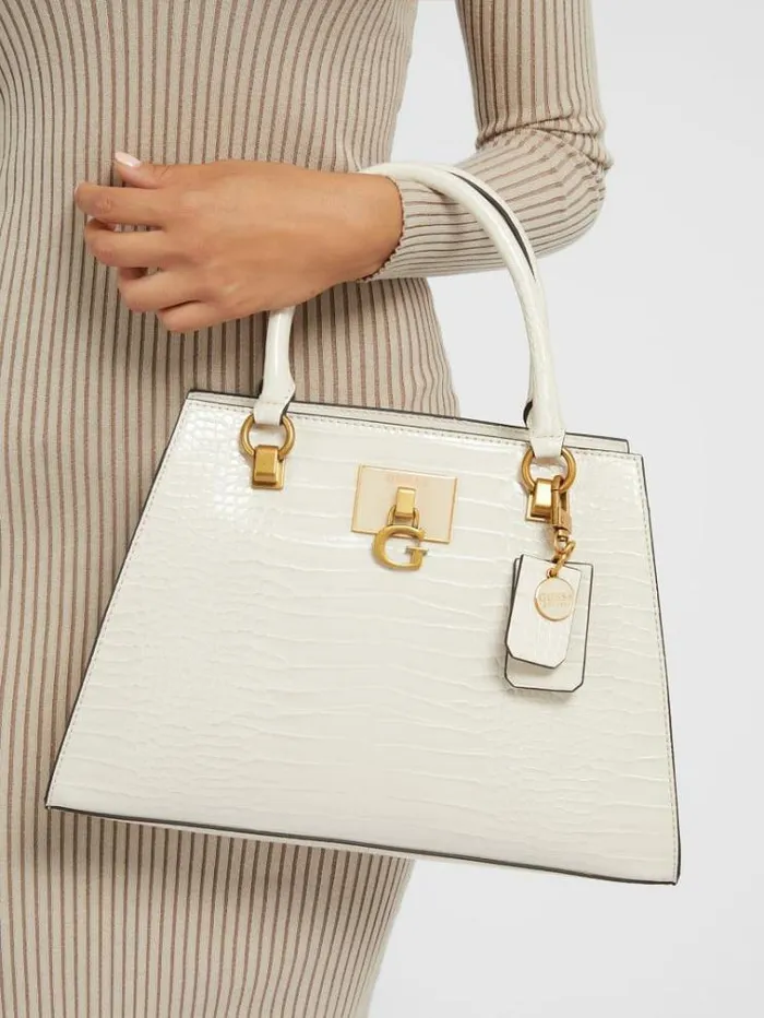 Women Stephi Croc Print Handbag Cream Guess Handbags