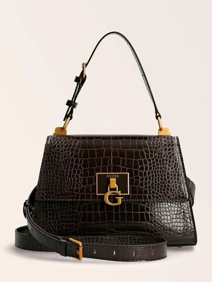 Women Stephi Croc Print Handbag Dark Brown Guess Handbags