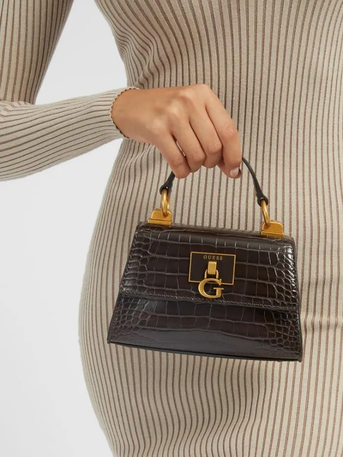 Women Stephi Croc Print Handbag Dark Brown Guess Handbags