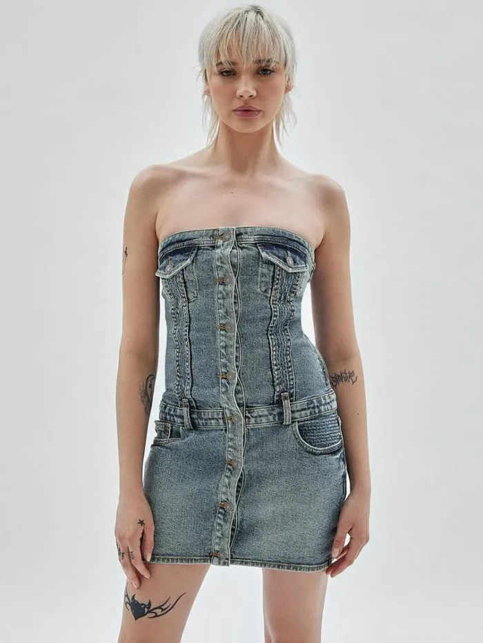Women Strapless Denim Dress Light Blue Guess Dresses And Jumpsuits