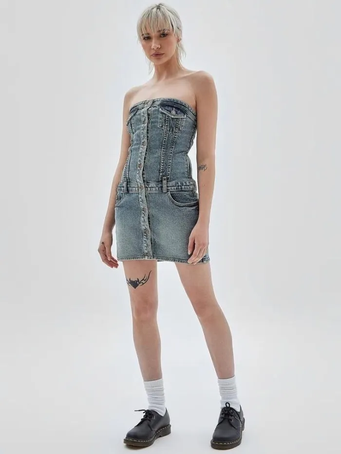 Women Strapless Denim Dress Light Blue Guess Dresses And Jumpsuits