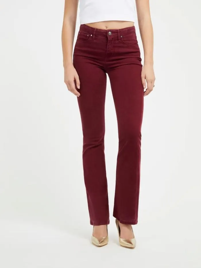 Women Stretch Velvet Flare Pant Burgundy Guess Trousers