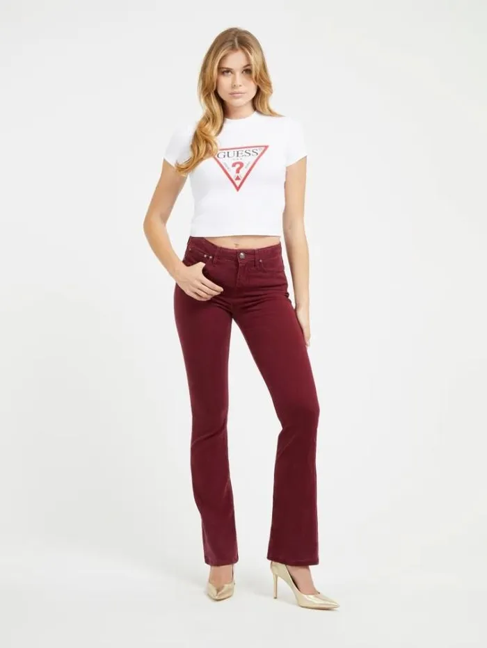 Women Stretch Velvet Flare Pant Burgundy Guess Trousers