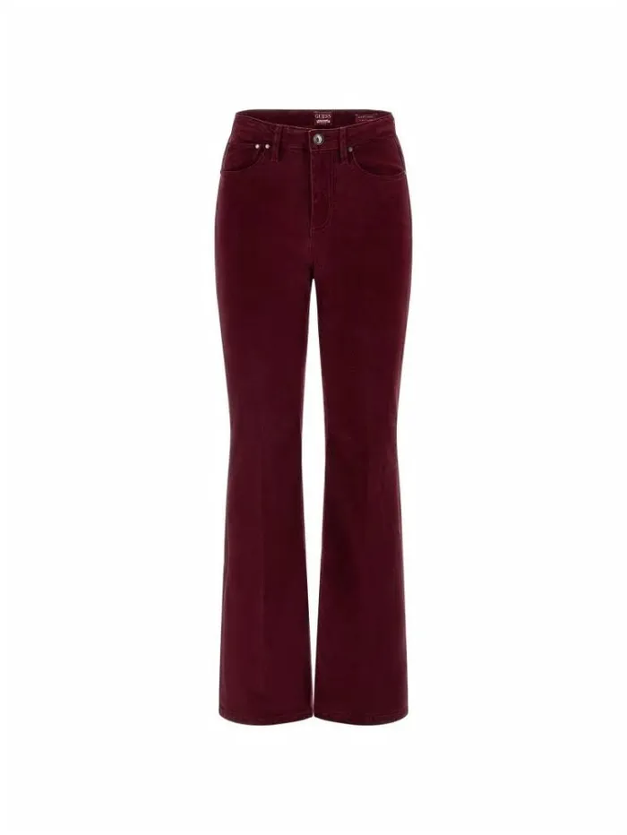 Women Stretch Velvet Flare Pant Burgundy Guess Trousers