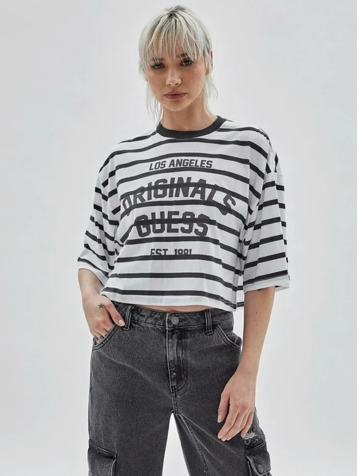 Women Striped Cropped Tshirt Black Multi Guess Tshirts