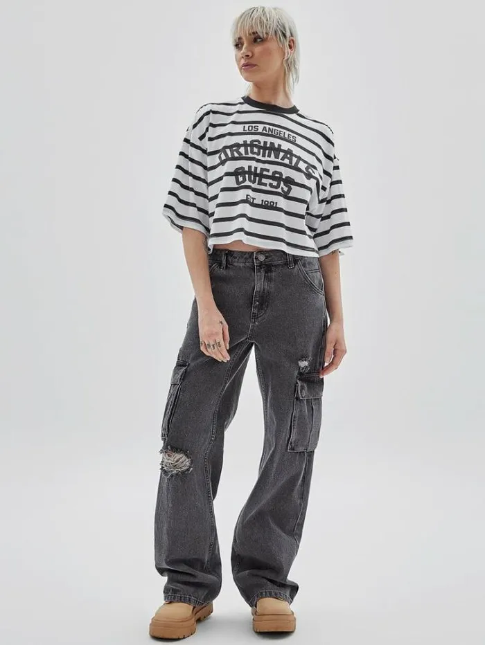 Women Striped Cropped Tshirt Black Multi Guess Tshirts