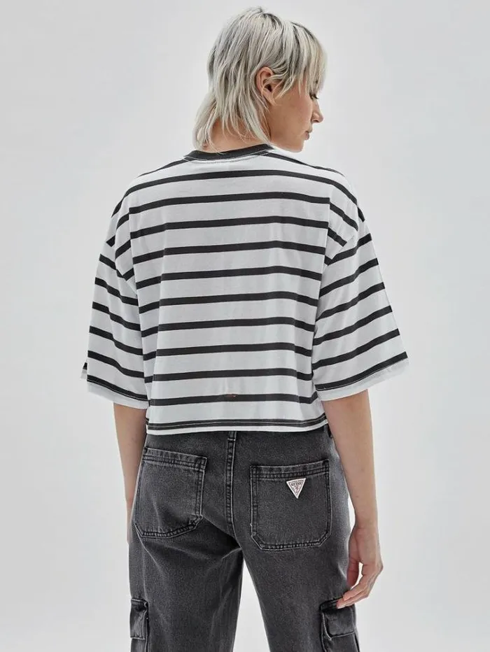 Women Striped Cropped Tshirt Black Multi Guess Tshirts