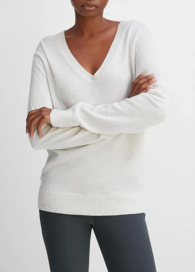 Women Sweaters Vince Cashmere Weekend VNeck Sweater Heather White