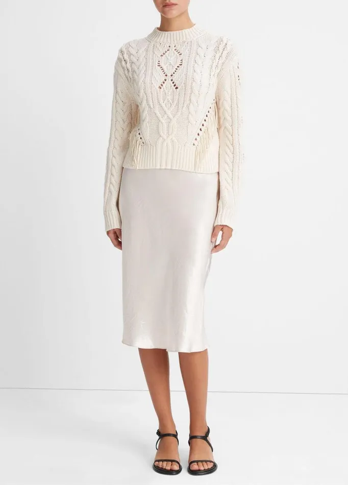 Women Sweaters Vince Fringe Merino WoolCashmere Cable Sweater Cream