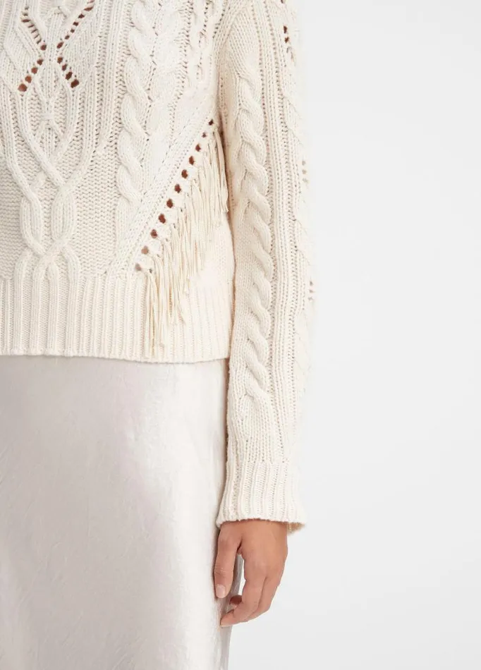 Women Sweaters Vince Fringe Merino WoolCashmere Cable Sweater Cream
