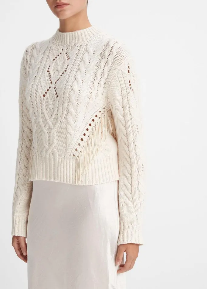 Women Sweaters Vince Fringe Merino WoolCashmere Cable Sweater Cream