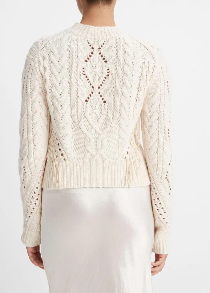 Women Sweaters Vince Fringe Merino WoolCashmere Cable Sweater Cream