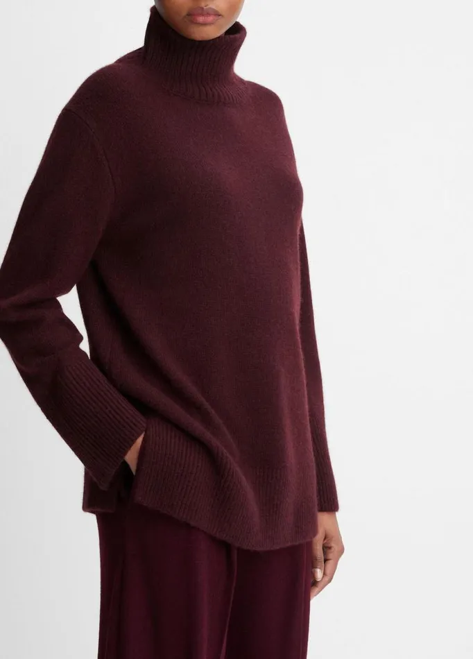 Women Sweaters Vince MixedGauge WoolCashmere Turtleneck Tunic Sweater Black Fig