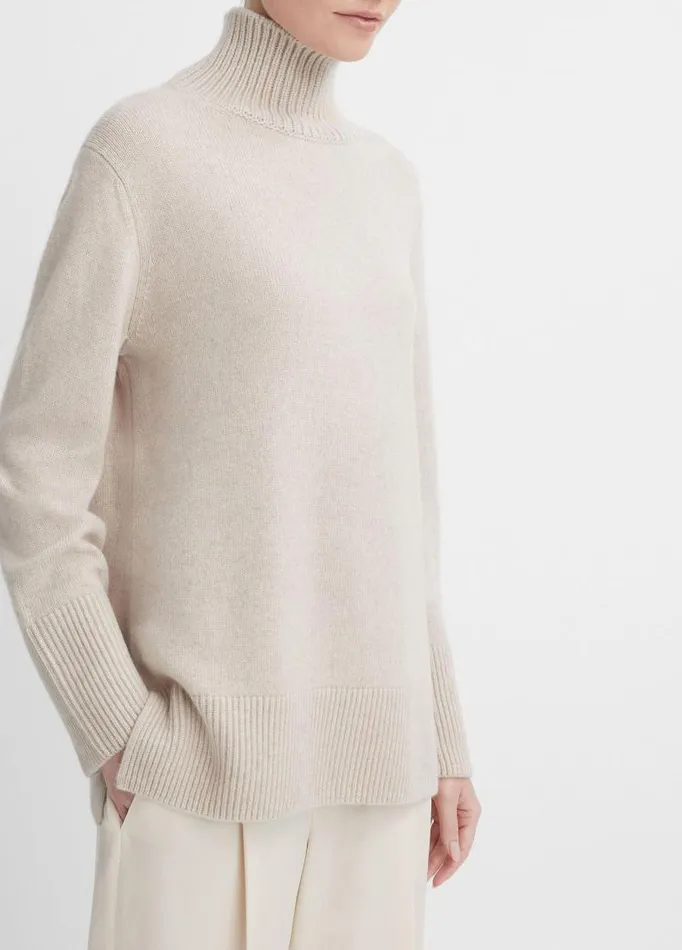 Women Sweaters Vince MixedGauge WoolCashmere Turtleneck Tunic Sweater Heather Hazel Cream